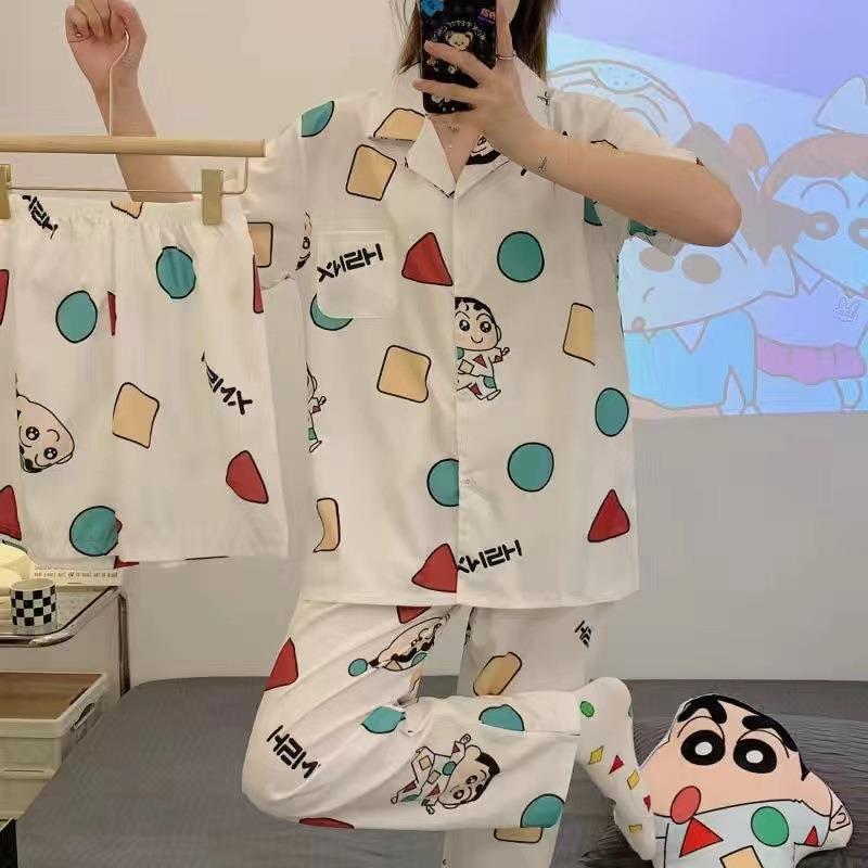 Pijamas de verano para mujer 2025, nuevo conjunto de tres piezas de cárdigan de manga corta, talla grande, delgado, pantalones largos, conjunto de ropa para estar en casa