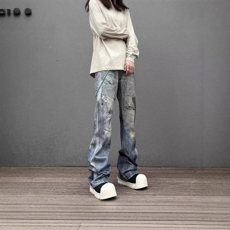 American vibe style 3D digital printed jeans stains blue old washed micro-version long pants men