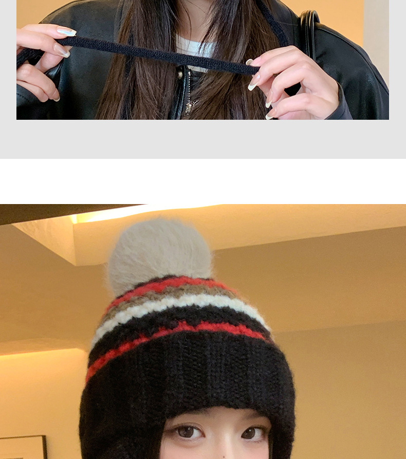 New Retro Fair Isle Style Warm Thickened Fleece-Lined Winter Knitted Hat, Cold-Proof Ear Protection, Tie-Up Wool Hat_voghion.com