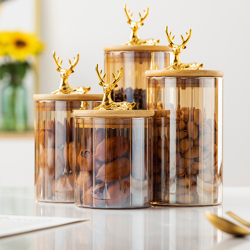 Scandinavian Elk Deer Head Stripe High Borosilicate Glass Sealed Storage Jar Household Grain Jar Kitchen Storage Sealed Jar