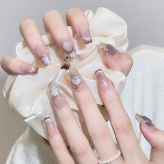 巴洛少女純手工穿戴甲手繪高級感美甲貼片貓眼冰透裸色爆閃甲批發