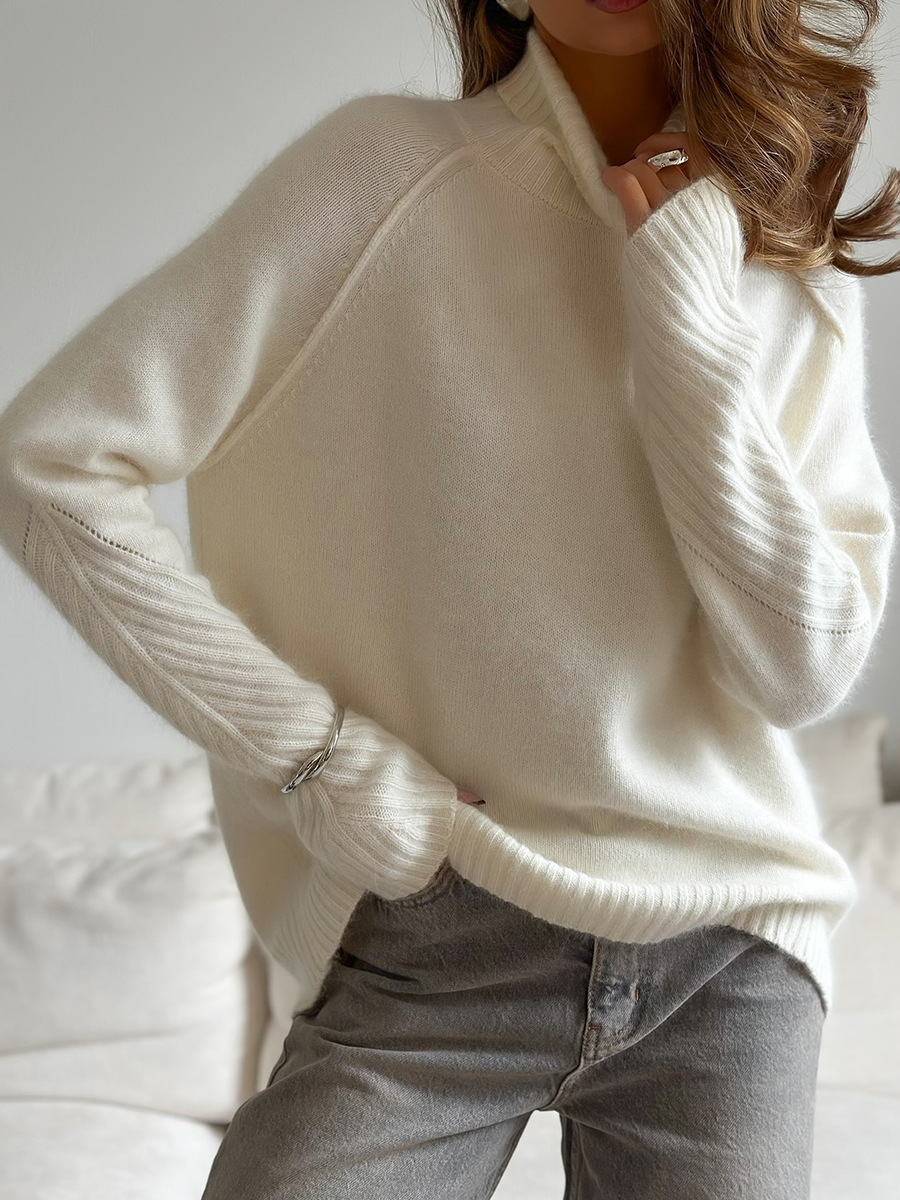 Suéter de cuello alto transfronterizo Europa y los Estados Unidos 2025, otoño y invierno, nuevo suéter de punto blanco suelto, suéter de punto casual para mujeres image 1