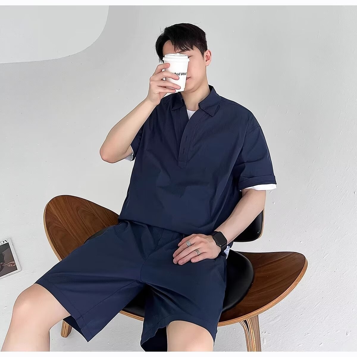 Origen Fabricante Traje deportivo de ocio Camisa de polo de dos piezas de secado rápido de seda de hielo de cinco puntos de manga delgada de verano de manga corta para hombre
