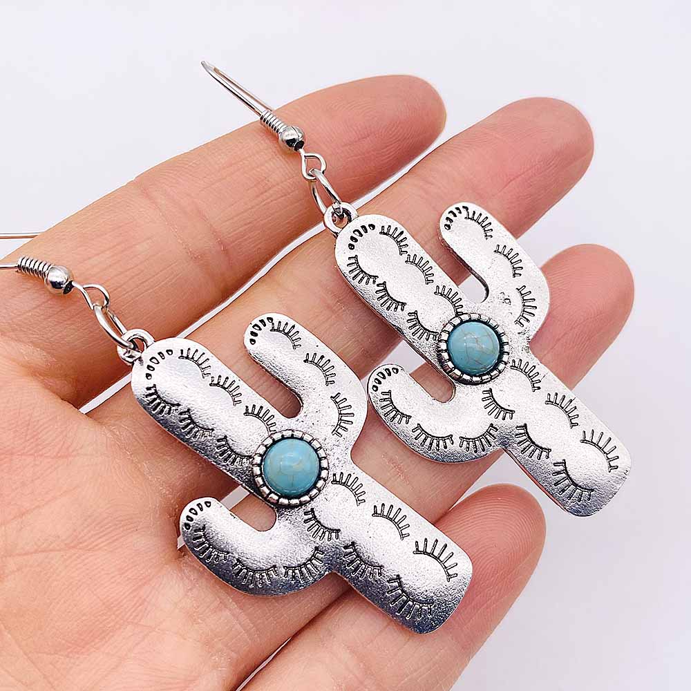 1 Paire Mode Cactus Métal Incruster Turquoise Femmes Boucles D'oreilles display picture 2