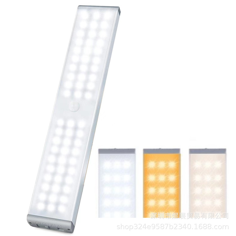 초박형 옷장 램프 60LED 캐비닛 램프 인체 적외선 모션 센서 야간 조명 이중 색 온도 아마존 폭발