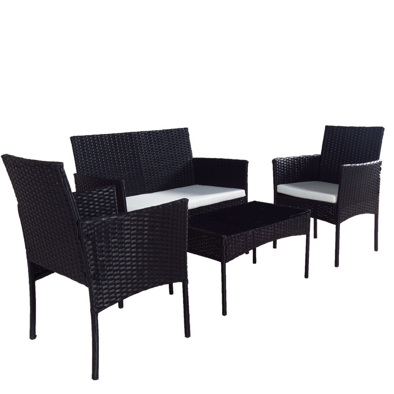 Conjunto de sofá de ratán de cuatro piezas para jardín, balcón o patio, disponible en stock, ideal para exteriores y ocio junto al mar.