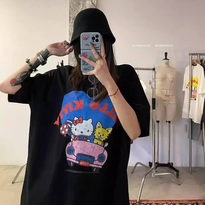 100% Pure Cotton Korean Dongdaemun 2026 New Short-Sleeved T-Shirt Summer Black Hello Kitty Loose Top Trendy 100% Pure Cotton Korean Dongdaemun 2026 New Short-Sleeved T-Shirt Summer Black Hello Kitty Loose Top Trendy