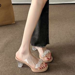 Sandals with Skirts for Women 2025 New Summer Outer Wear French Rhinestone Thick Heel Crystal Sandals Transparent High Heels