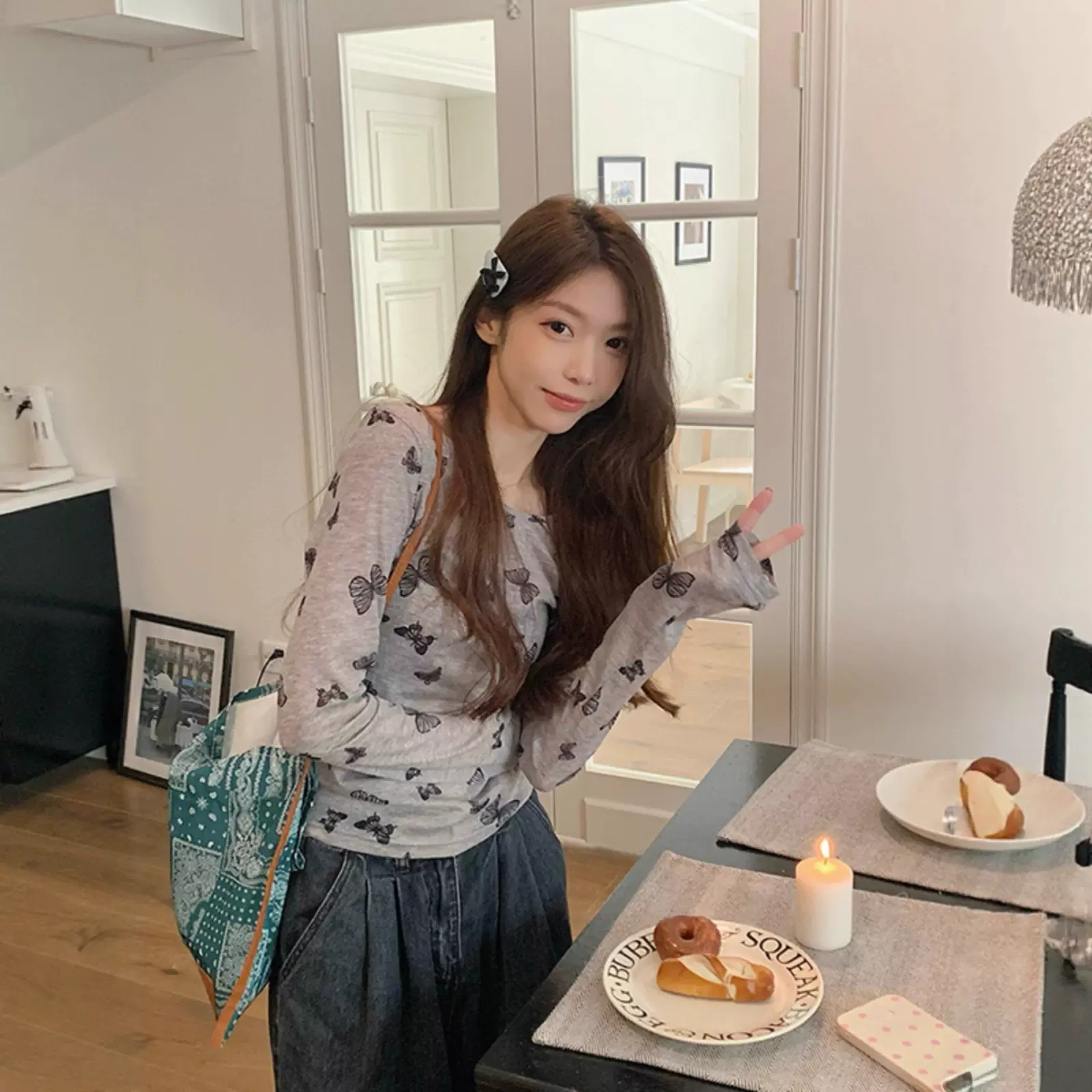 2025夏季新款原版面料灰色蝴蝶结网纱T恤女薄款修身显瘦微透