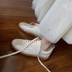 Cowhide lace-up casual shoes for women autumn new color-blocked beef tendon flat low-top white shoes women's low-top shoes