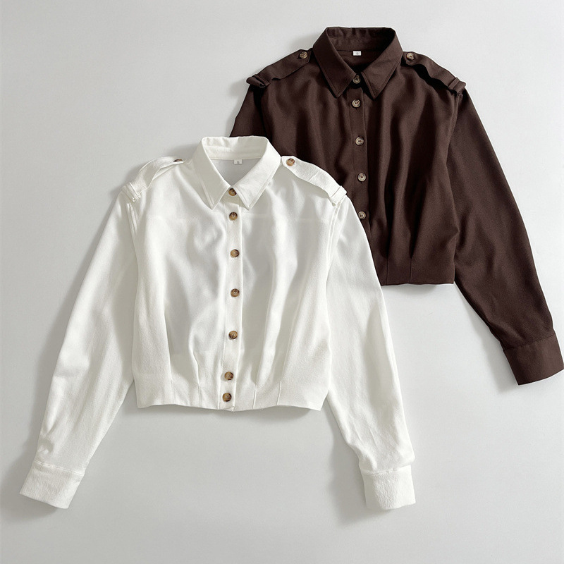 2026 Spring New Style European and American Fashion Solid Color Long-Sleeved Lapel Short Shoulder Strap Shirt Cardigan Top 2026 Spring New Style European and American Fashion Solid Color Long-Sleeved Lapel Short Shoulder Strap Shirt Cardigan Top