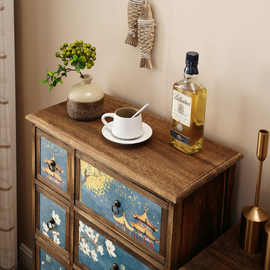 实木床头柜美式复古斗柜卧室抽屉收纳储物小柜子新中式彩绘置物柜