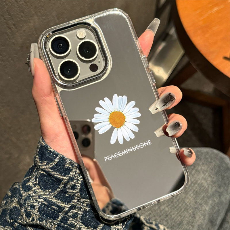 简约苹果15镜面17promax花朵手机壳iPhone16小邹菊带镜子保护套15