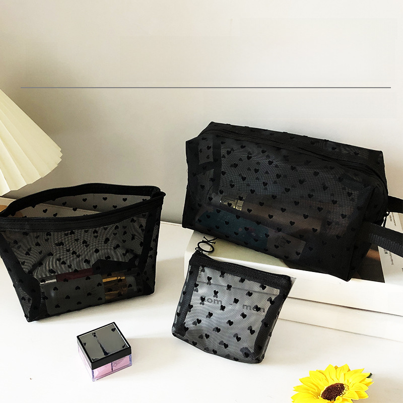 New Ins Love Flocking Powder Mesh Makeup Bag Girls' Heart Portable Washing Large Capacity Breathable Lipstick Trade