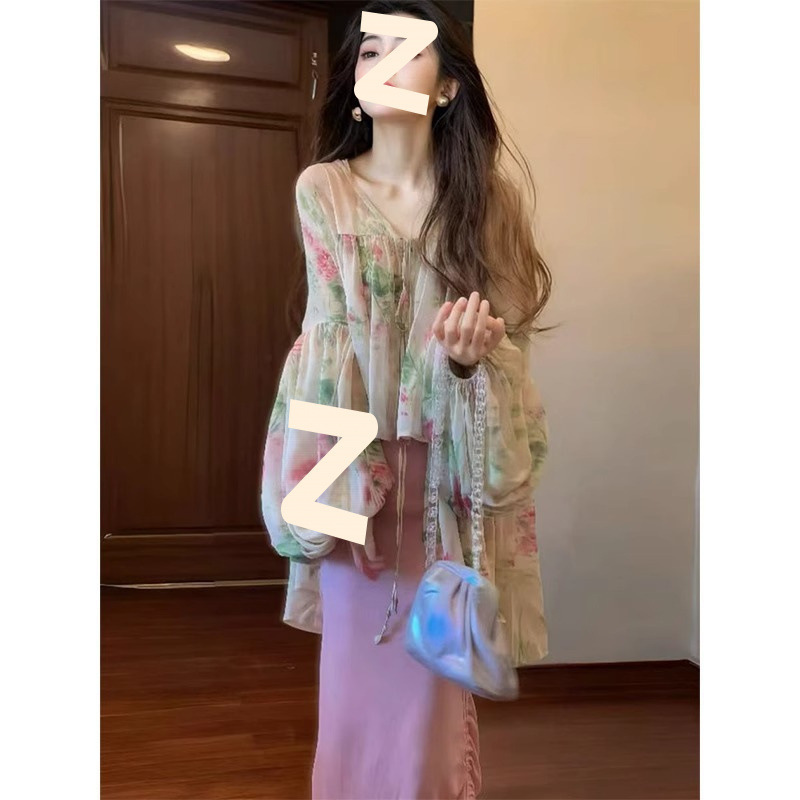 春春秋季温柔系穿搭女2025新款气质印花灯笼袖上衣吊带裙新中式套|undefined