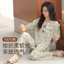 夏季新款梭织棉格女短袖长裤睡衣时尚休闲女家居服图片色纯棉圆领