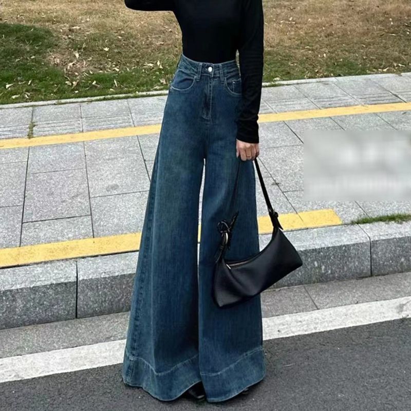 美式复古高腰阔腿牛仔裤女秋季弹力象腿裤裙大裤脚不贴腿微喇裤子