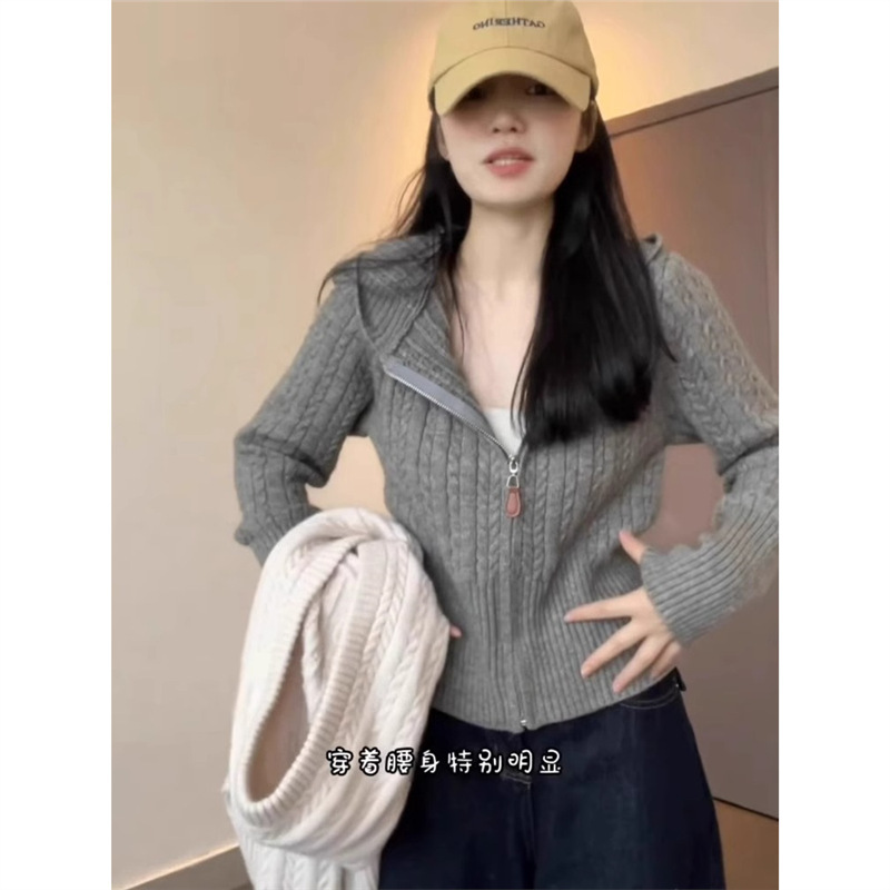 100%羊毛麻花拉链连帽针织开衫女春秋小个子短款毛衣外套|undefined