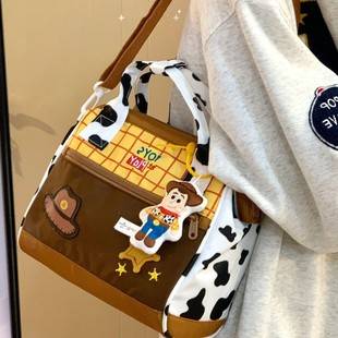 Cute Cartoon Embroidered Handbag for Women, Cross-Body Bag with Large Capacity and Portable Retro Contrasting Color Commuter Bag