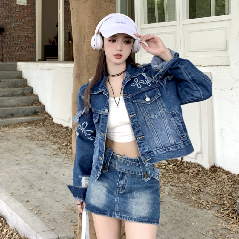 Retro denim spring jacket, atmospheric design long-sleeve, Korean style