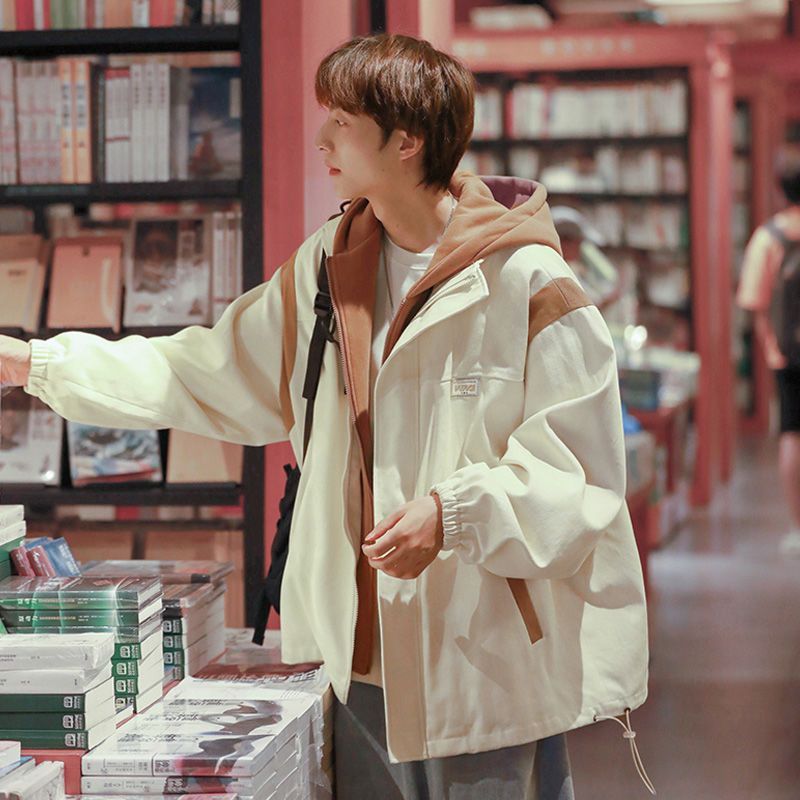 autumn winter false-two-piece hooded jacket men‘s spring and autumn youth high street jacket ins fashion brand baggy casual jacket men