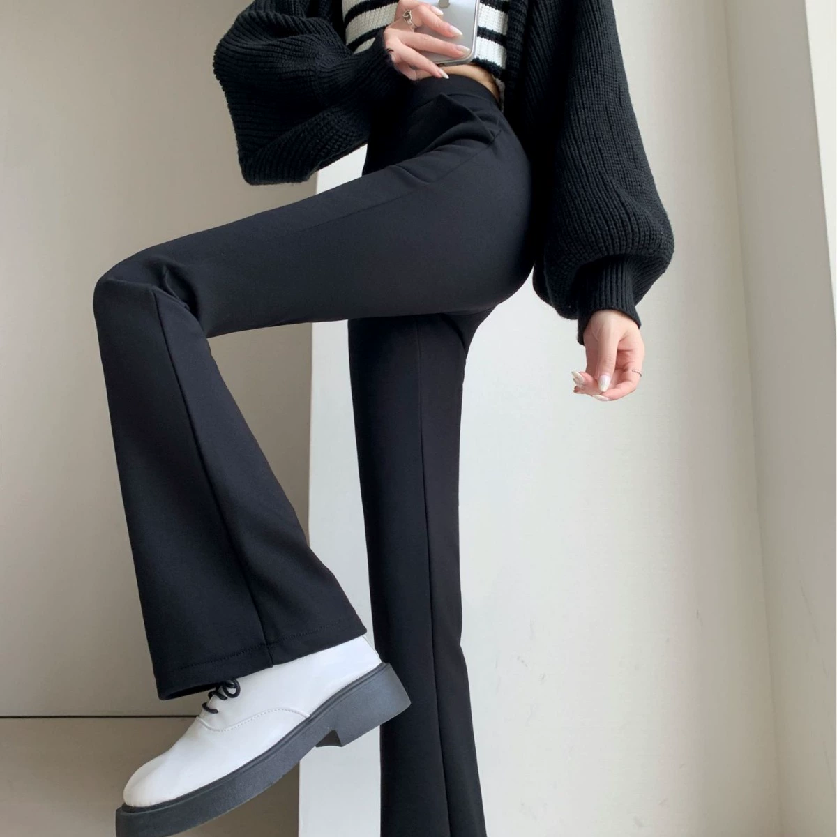 【Брюки-клеш для супермоделей】Новые женские осенне-зимние брюки, повседневные брюки с хлопковой подкладкой и длинными штанинами, женские повседневные универсальные брюки с эффектом удлинения ног