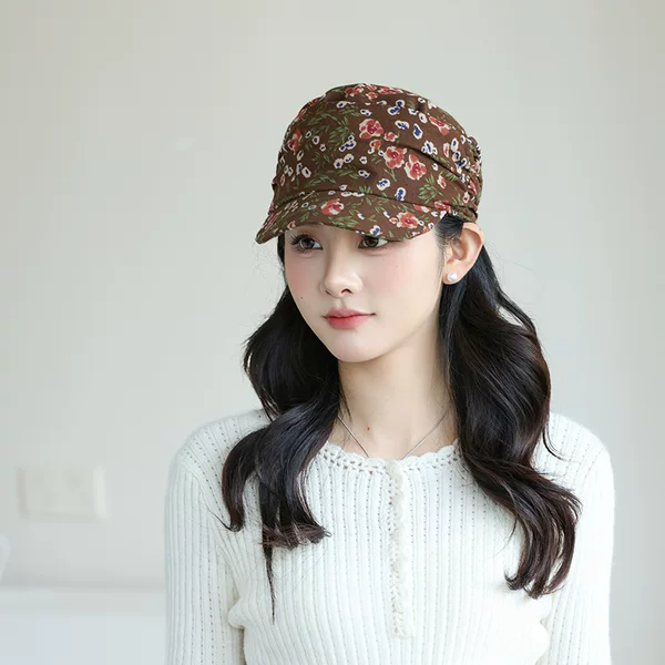 Octagonal Hat, Pleated Fashion Hat, Flat Top Hat, Cross-Border Hat, Women's Hat, Trendy Floral Ethnic Style Peaked Cap, Baseball Cap