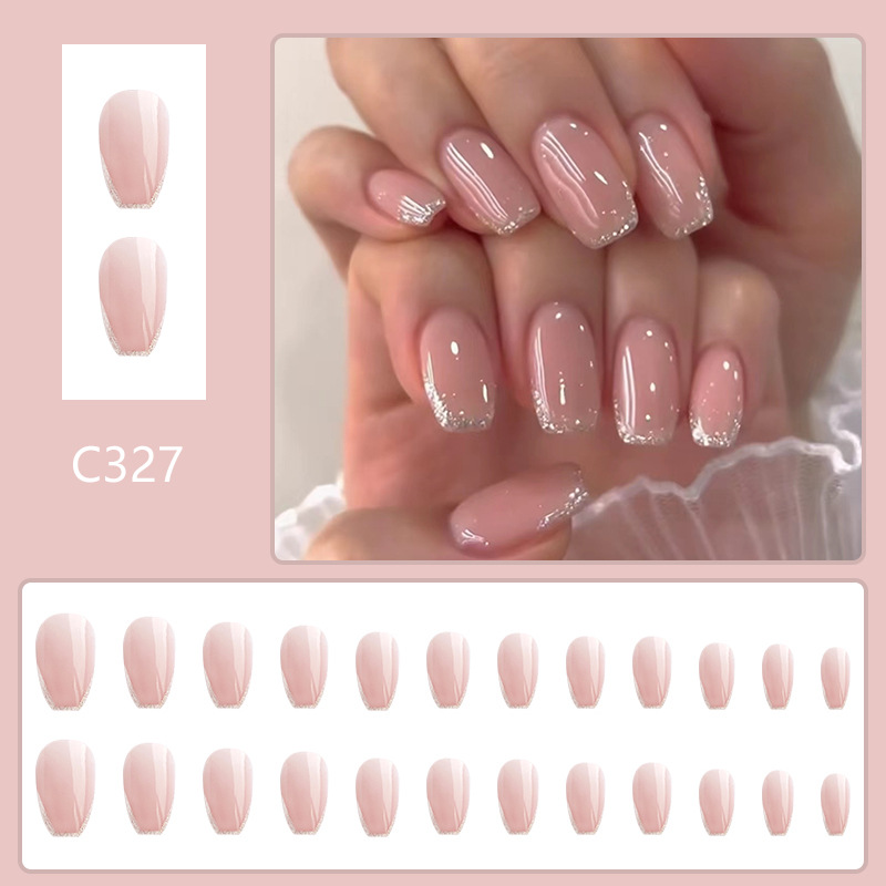 Kurze glänzende ovale Glitzer-French-Maniküre, schlichte, elegante All-Match-Ins, sanfte Abnutzung des Nagels, 24 Stück_voghion.com