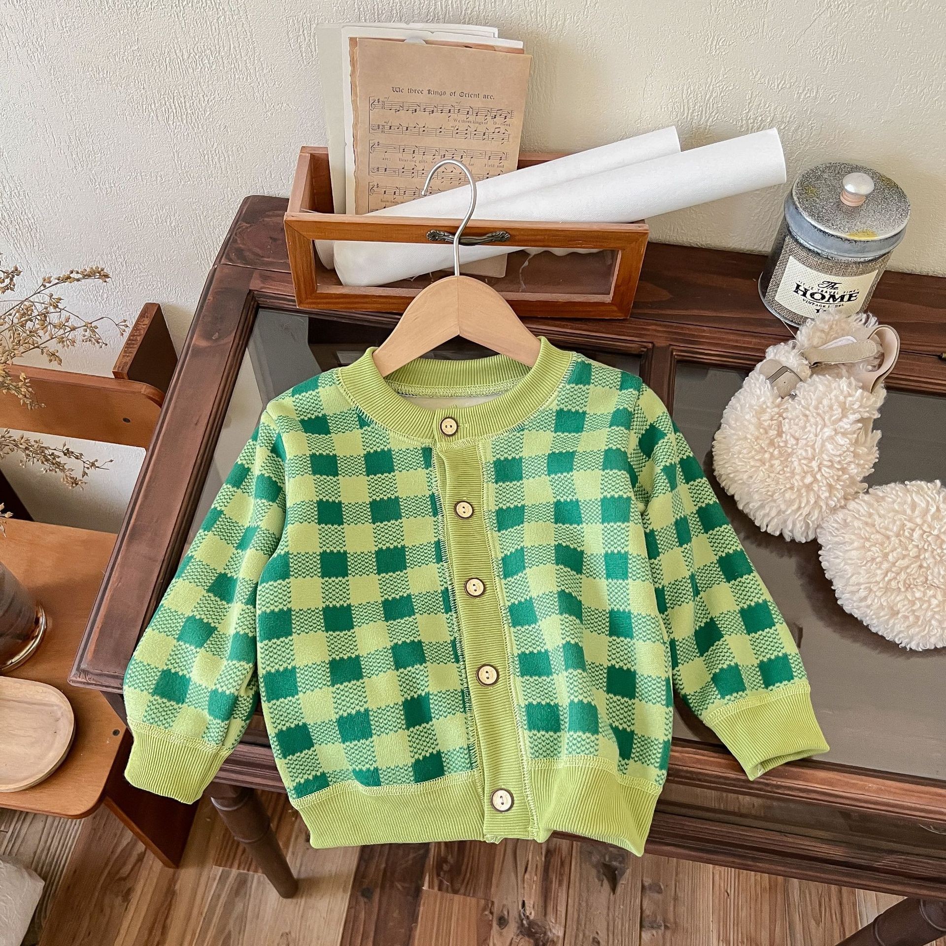 Knitted jacket-green plaid