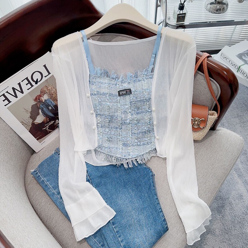 Summer New Pink Sweet Spicy Tassel Camisole Top Women's Thin Sunscreen Cardigan Two-piece Set