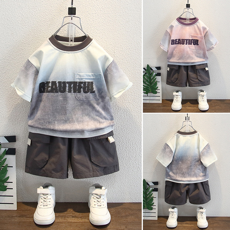 7987 traje de manga corta de verano para niños 2025 nuevo estilo bebé casual de dos piezas ropa de verano para niños marea