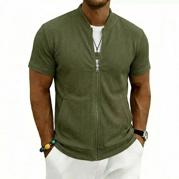 2026 New Cross-Border Summer Men's Stand-Collar Thin Sports Zipper Shirt American-Style Short-Sleeve Casual Waffle Top
