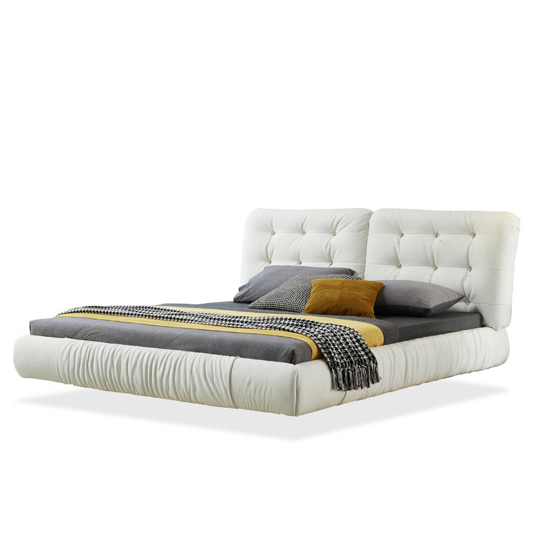 Minimalist Creamy Cloud Bed with Sensor Light, Rustic Matte Fabric Design&mdash;Perfect for the Master Bedroom; Sleek Floating Double Bed in Matte Finish with Premium Leather Upholstery