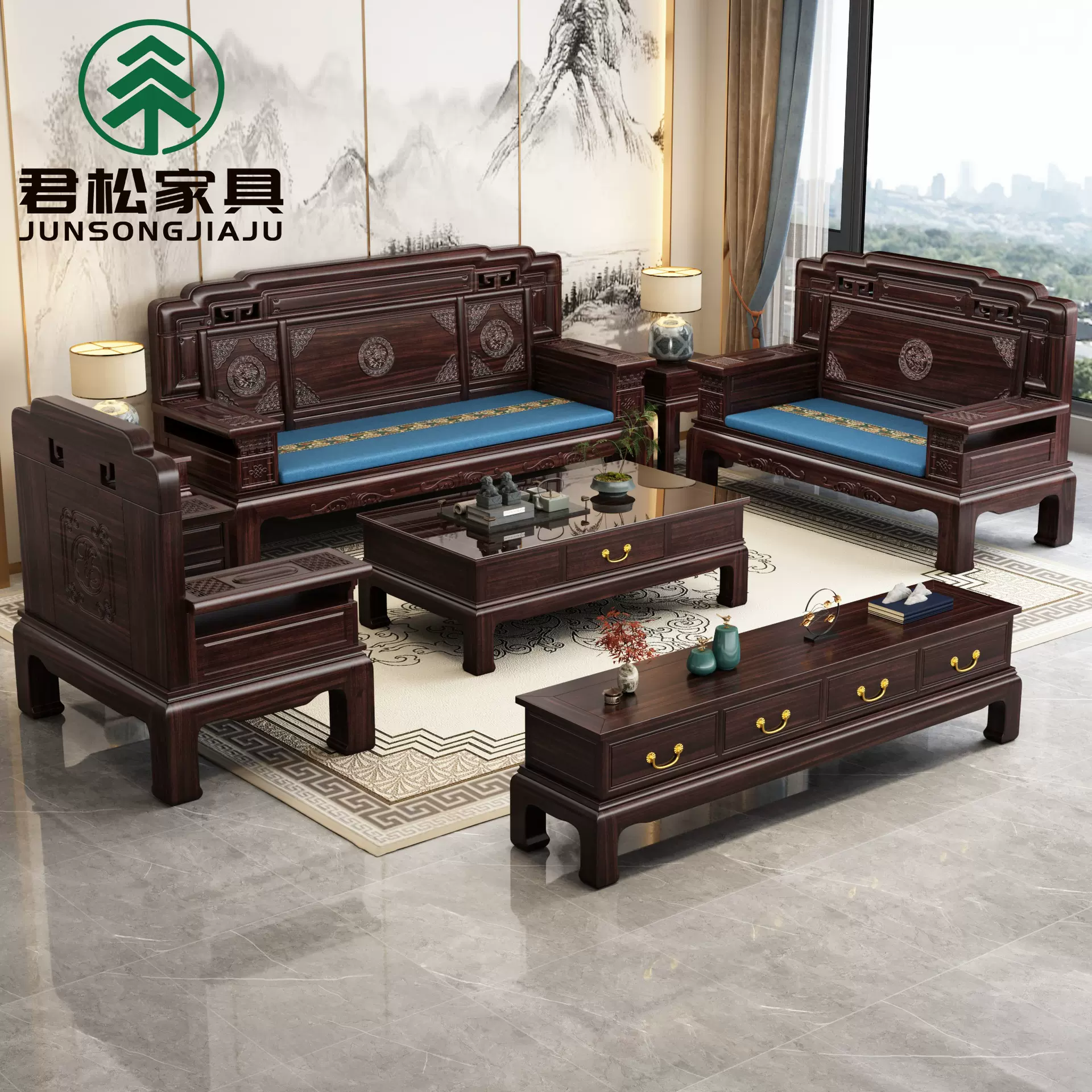 明清古典实木沙发酸枝木仿古别墅中式冬夏两用客厅组合雕花家具