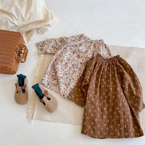Korean Children's Spring and Autumn Floral Pocket Dress Retro Style Sweet Little Dress 2024