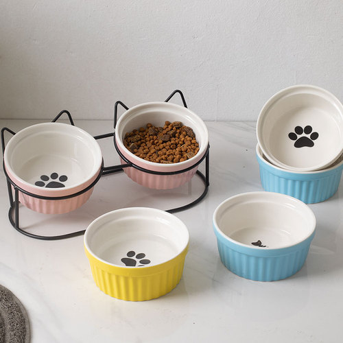 Pet Bowl Ceramic Cat Basin Grain Water Basin Cat Bowl Color Glaze Bowl Pet Supplies Drinking Bowl Double Bowl One Piece Dropshipping