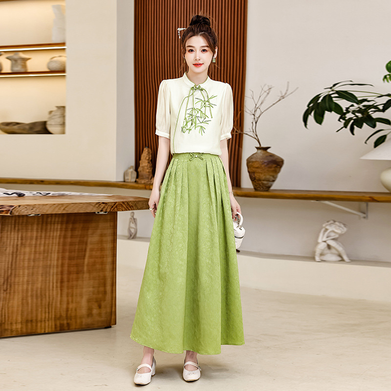 新中式国风裙夏季裙子套装2024上衣配半身裙夏女装复古两件套裙装