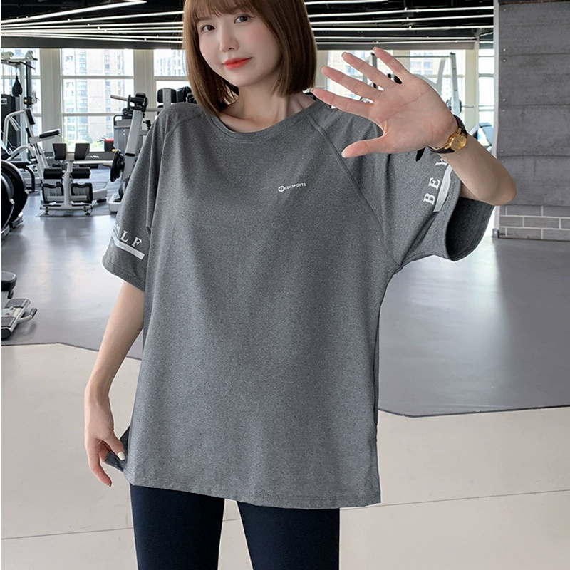 Быстросохнущая блузка для бега спортивная одежда Топ Спортивная Футболка женская Свободная летняя тонкая Йога с коротким рукавом Большие размеры для полных девушек