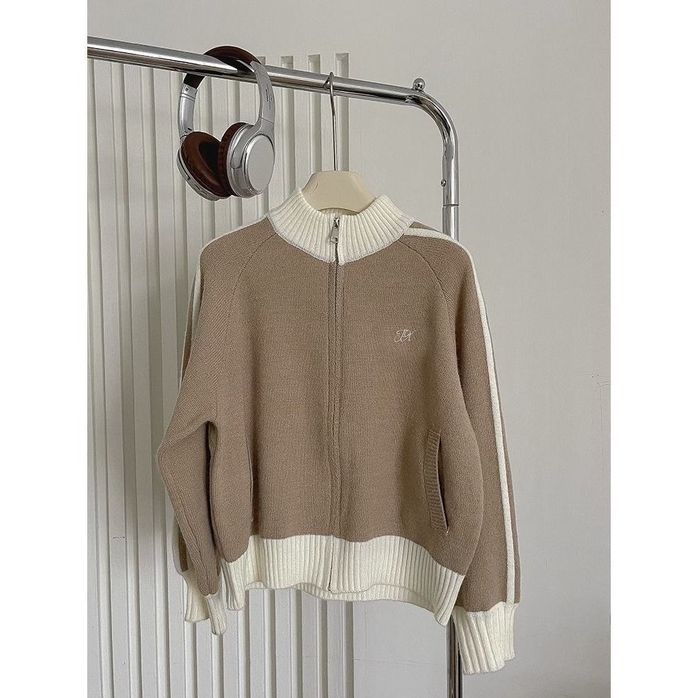 [シープカシミア]アメリカンコントラストカラー長袖スタンドカラーセータージャケットレディースルーズ野球ユニフォームカーディガンジッパートップ