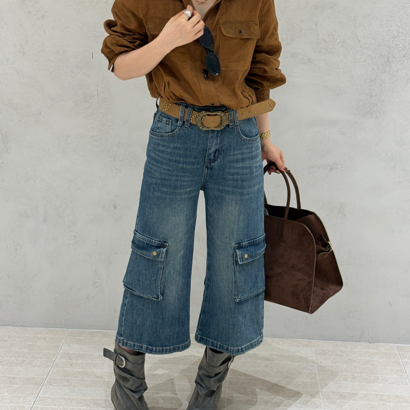 2026 Autumn New Korean Style Versatile High-Waisted Slimming Capri Pants with Pocket Design Casual Jeans
