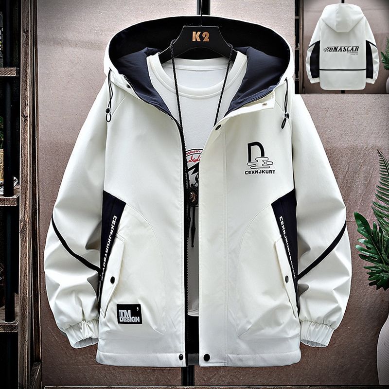 新款春秋外套男士连帽工装夹克男青少年韩版港风褂学生拼接冲锋衣