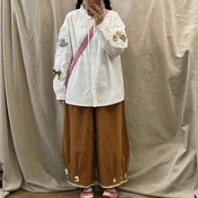 森系少女立体装饰洗水棉阔腿裤 2026 春复古棕色花苞裤百搭休闲裤