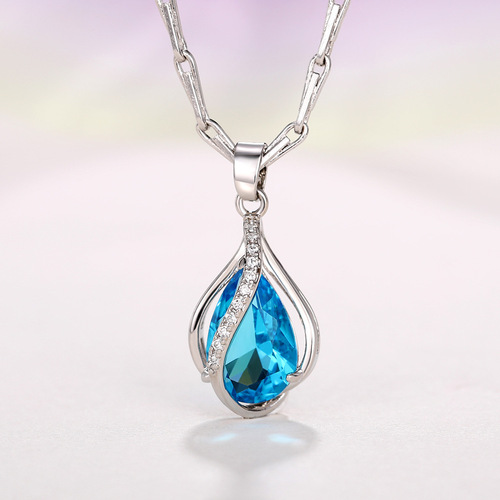 Cao Shi eBay cross-border best-selling item: Sea Blue Heart Water Droplet Zirconium Pendant, Elegant Pear-Shaped Women's Lockchain