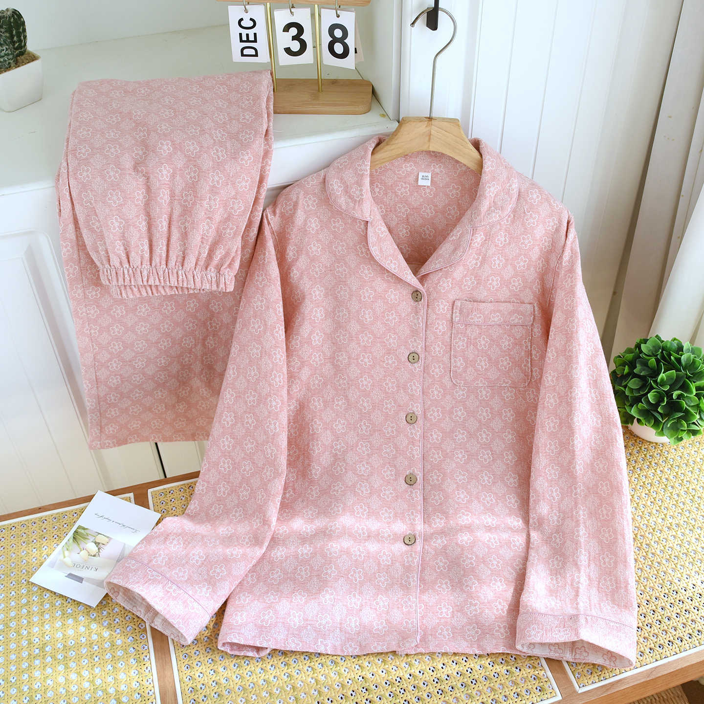 Jacquard gauze women's long set-Junying honey powder