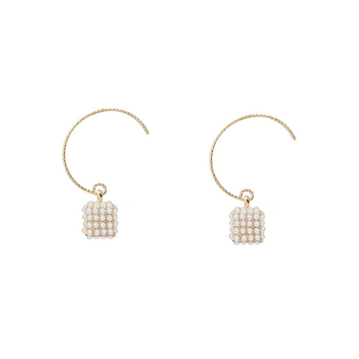 Retro en forma de C cuadrado gancho de perla estilo francés elegante medieval diseño geométrico pendientes de nicho cortesano pendientes