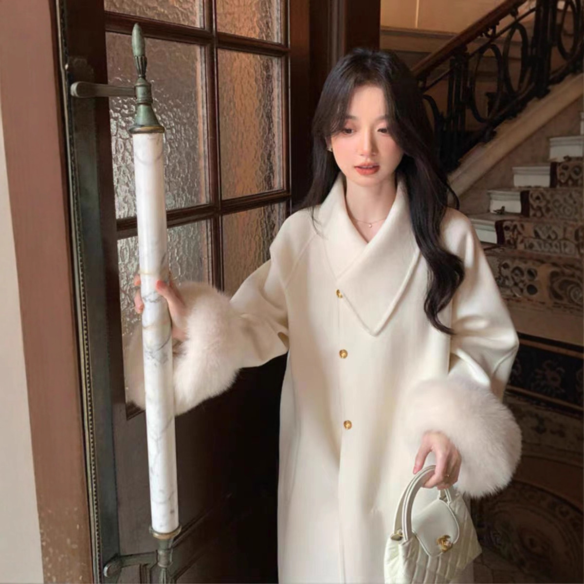 고급스러운 한국 스타일의 여성을 위한 진짜 여우털 긴 소매 양면 울 코트, 긴 모직 코트
