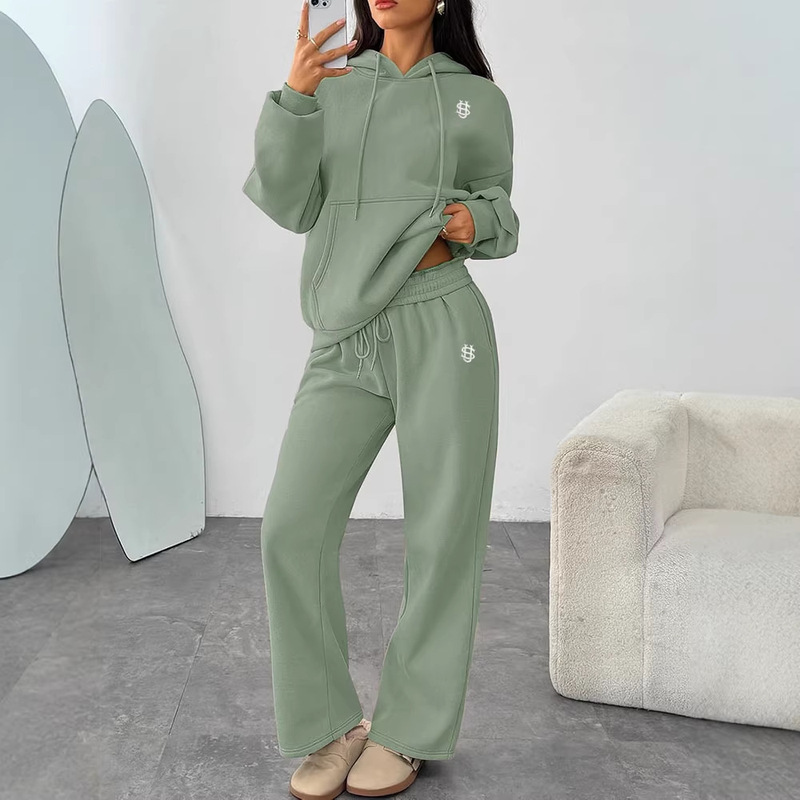 2026 European and American Cross-Border New Su Embroidery Hot-Selling Japanese and Korean Casual Unisex Style Hooded Sweatshirt and Wide-Leg Pants Set