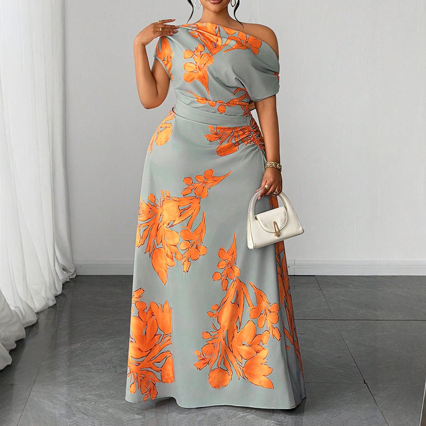 Cross-Border Foreign Trade European and American Plus-Size 2026 Summer New Style Elegant Vacation Off-Shoulder Printed Waist-Cinching Mid-Length Dress