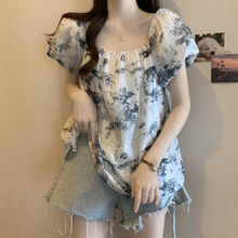 新中式国风水墨泡泡袖雪纺短袖衬衫女夏季大码胖mm显瘦遮肚娃娃衫