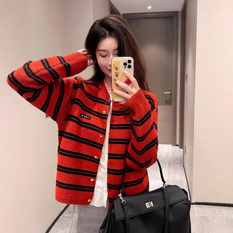New Year Limited Edition Red Striped Long-Sleeve Knitted Cardigan for Women, Autumn and Winter Fairy-Style Festive Sweater Coat